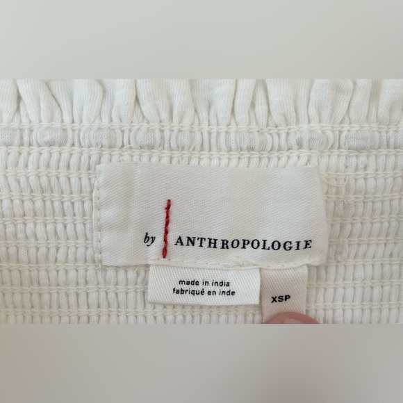 Anthropologie Cream Smocked Embroidered Puff Sleeve Square Neck Top; size XSP - Picture 5 of 9